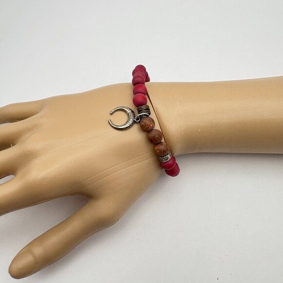Red Wooden Beaded Bracelet with Celtic Double Horn Charm CFC Silver Tone Boho - Picture 7 of 7